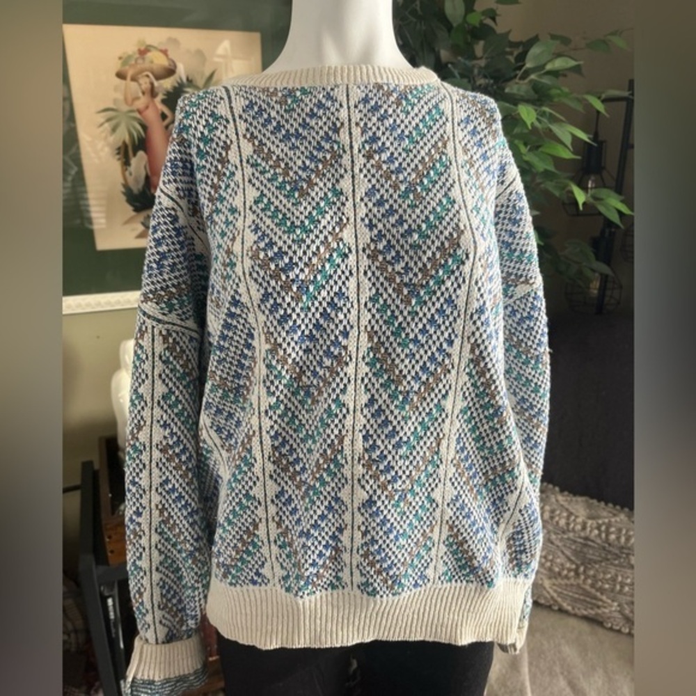 Vintage Patterned Knit Sweater - Blue, Brown, Cream